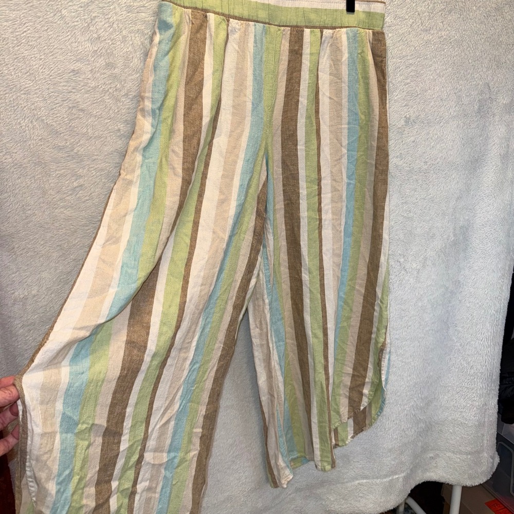 Linen Blend Striped Wide Leg Tulip Hem Pants Quiet Luxury Boho Festival Whimsy L